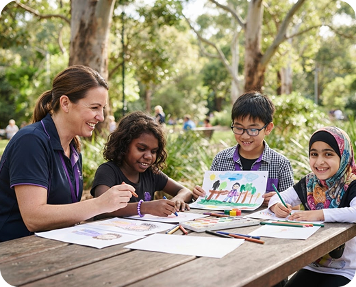 Image placeholder — Two friends smiling outdoors one using a wheelchair | Distinction at Home Care | NDIS Provider Brisbane, QLD