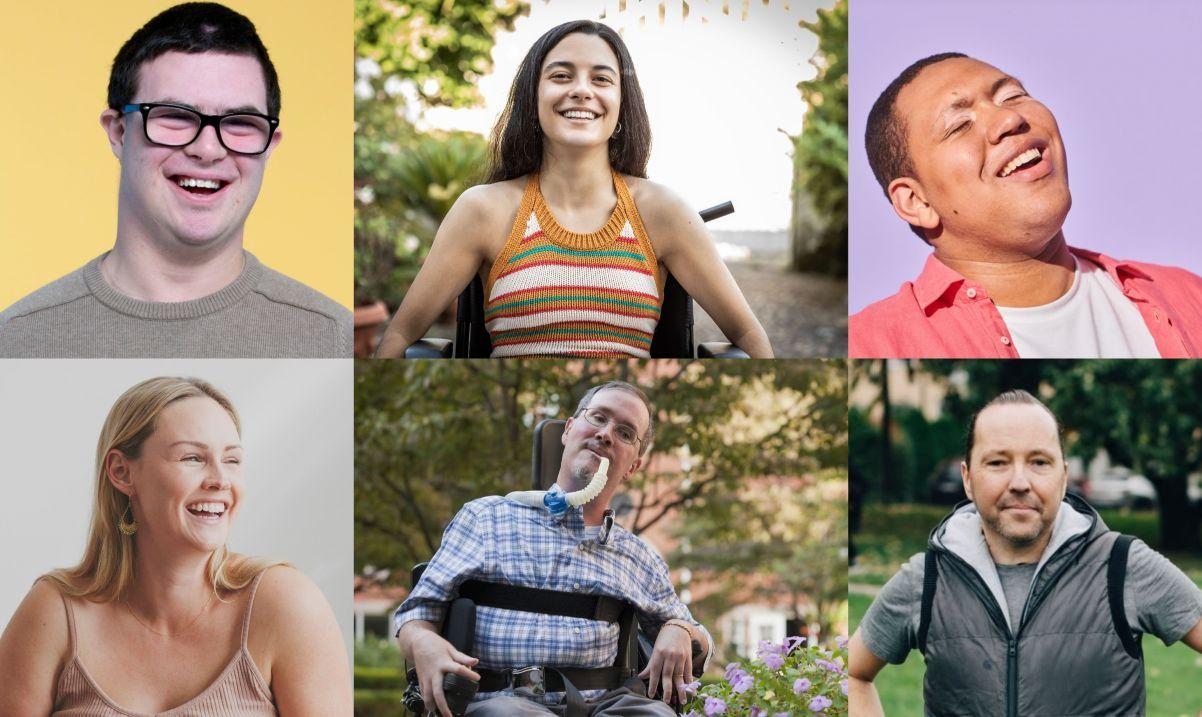 Collage of six smiling people of different ages and abilities