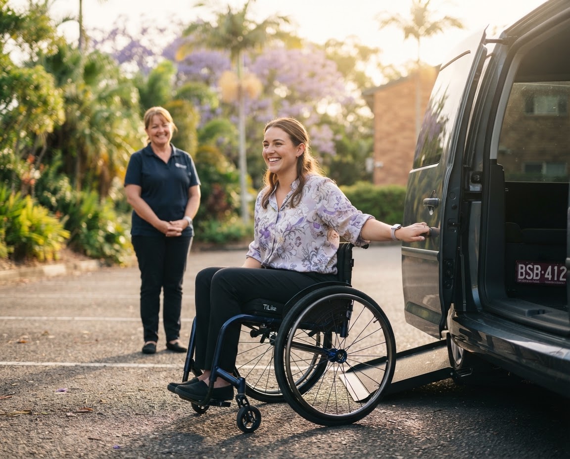 Support worker with a wheelchair user outdoors