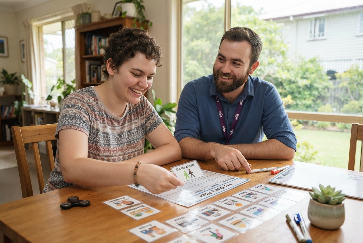 Support worker and participant reviewing papers at a table