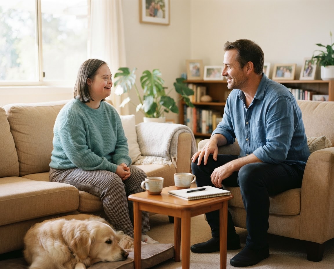 Support worker talking with a man at home