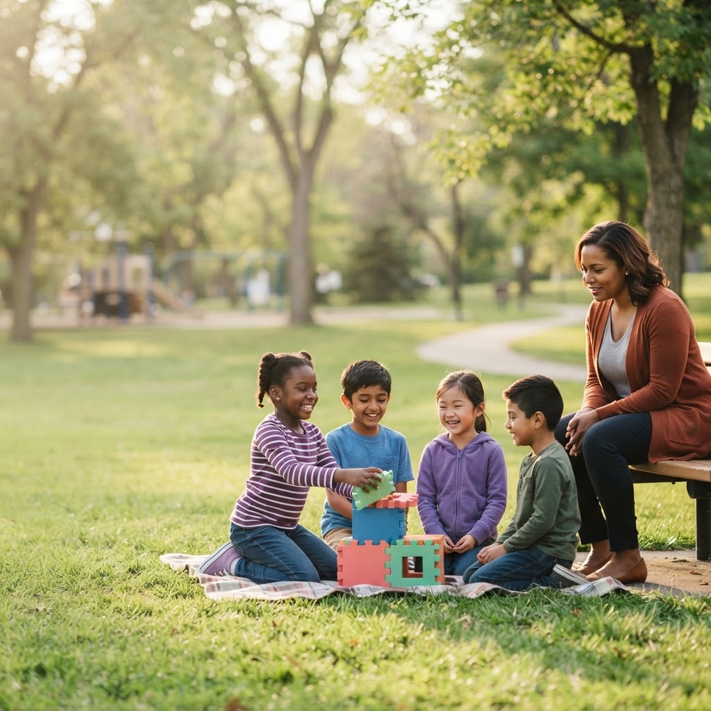 Support worker sitting with a group of children playing in a park