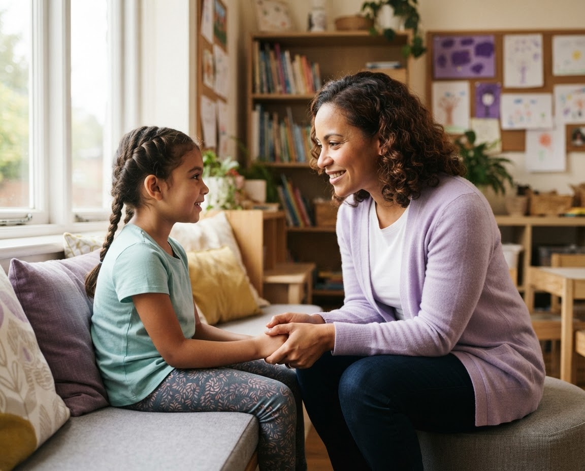 Support worker holding hands and talking with a young girl indoors
