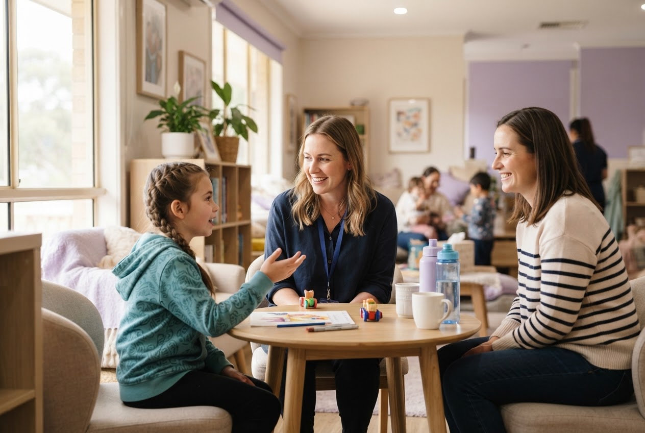 Support worker chatting with a young person and their family