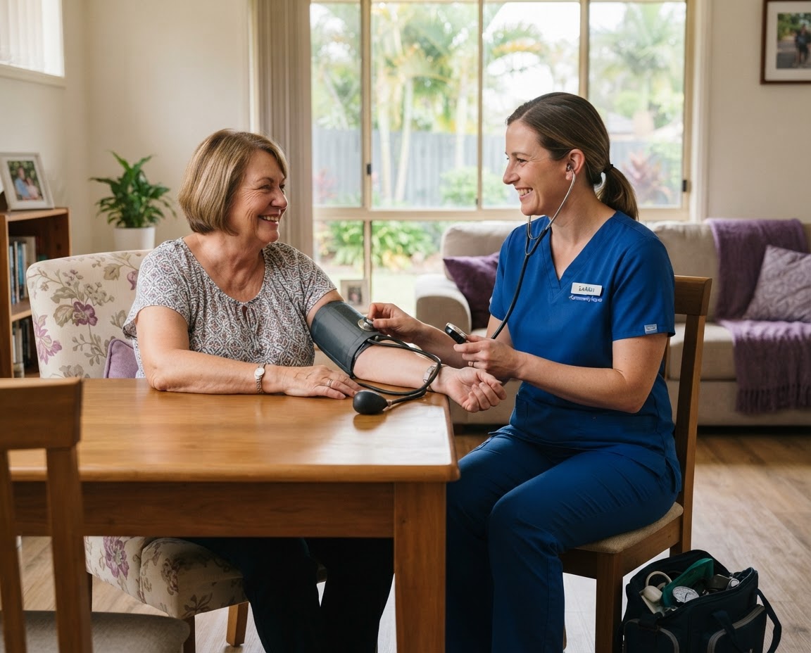 Nurse checking an older woman's blood pressure at home