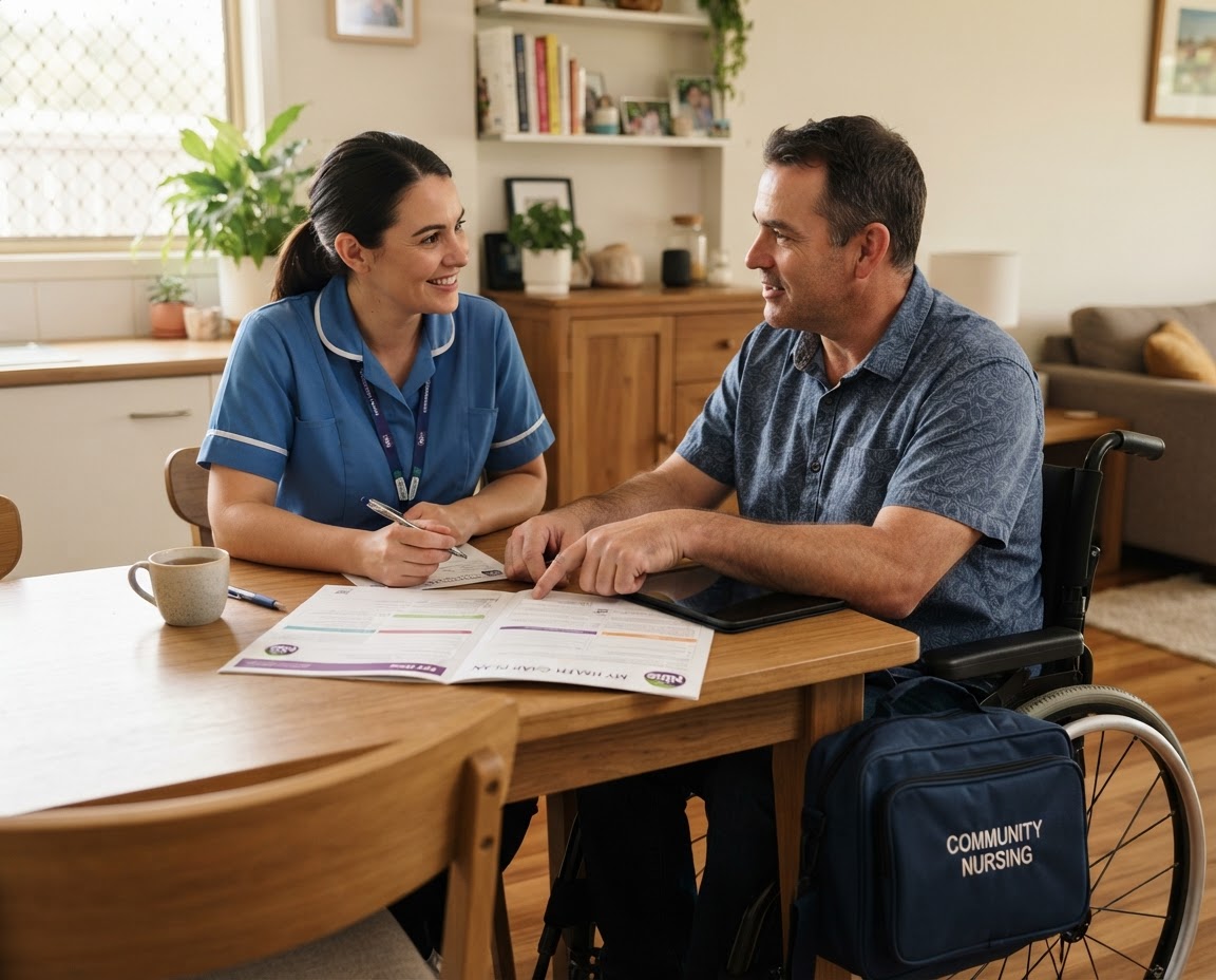 Nurse and client talking at a table
