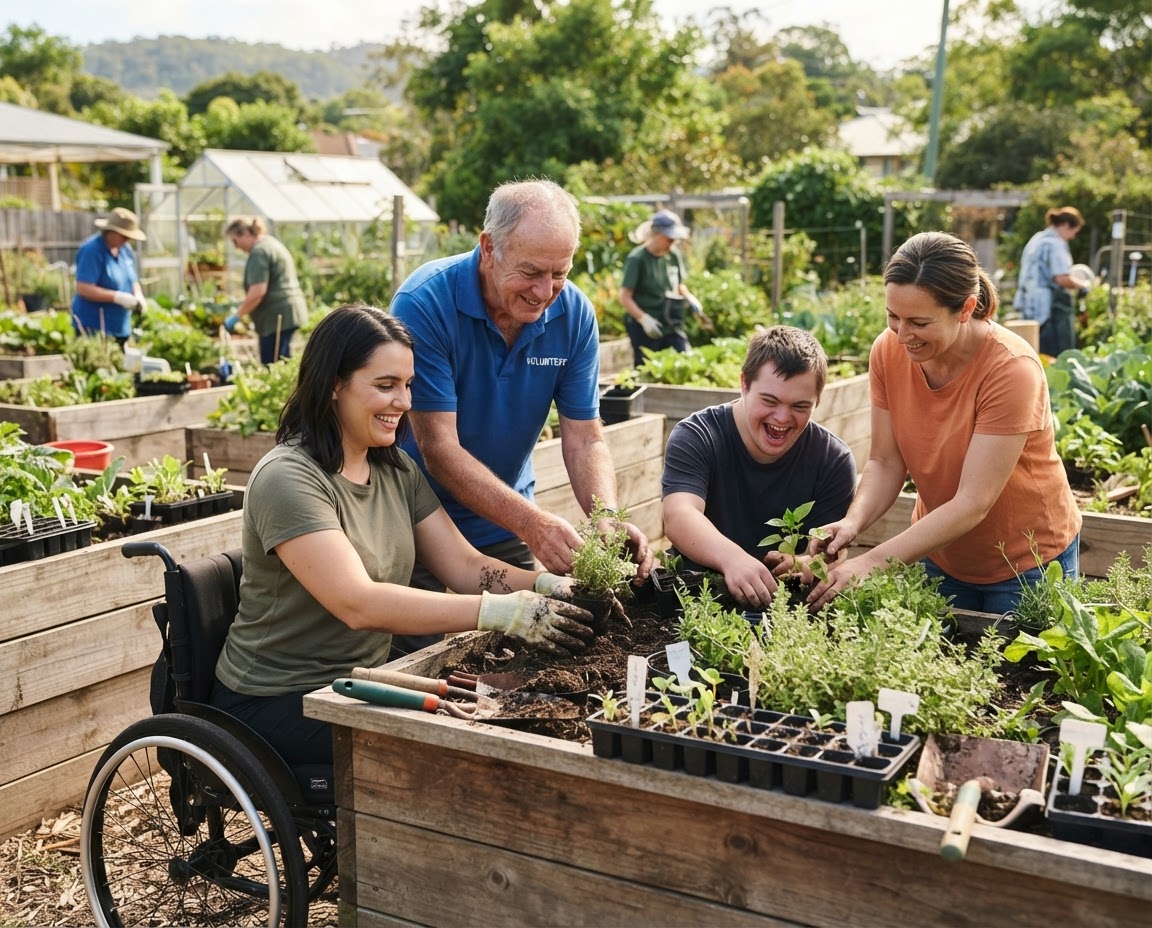 Participants gardening together