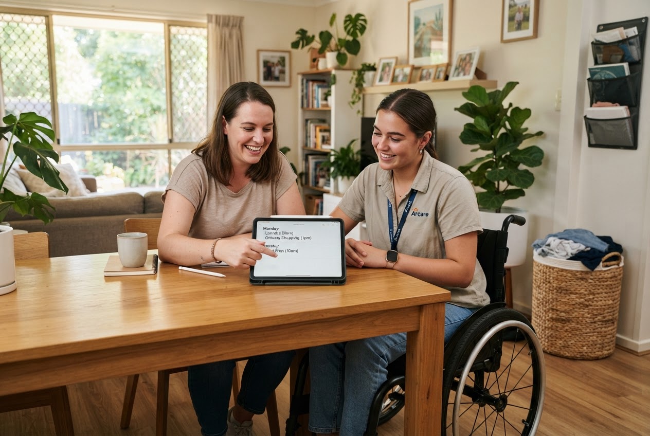 Support worker and participant looking at a laptop together