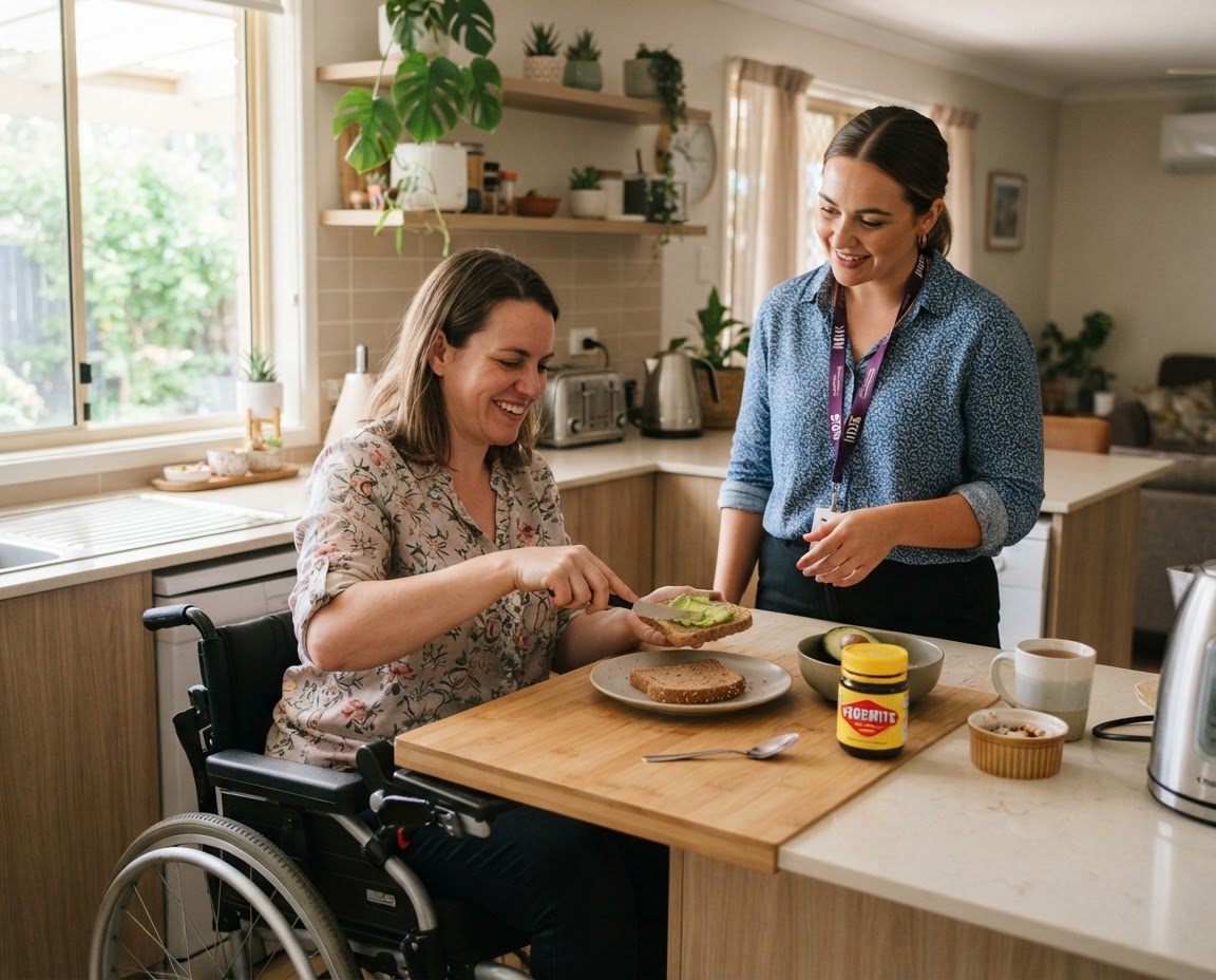 Support worker cooking with a participant in the kitchen