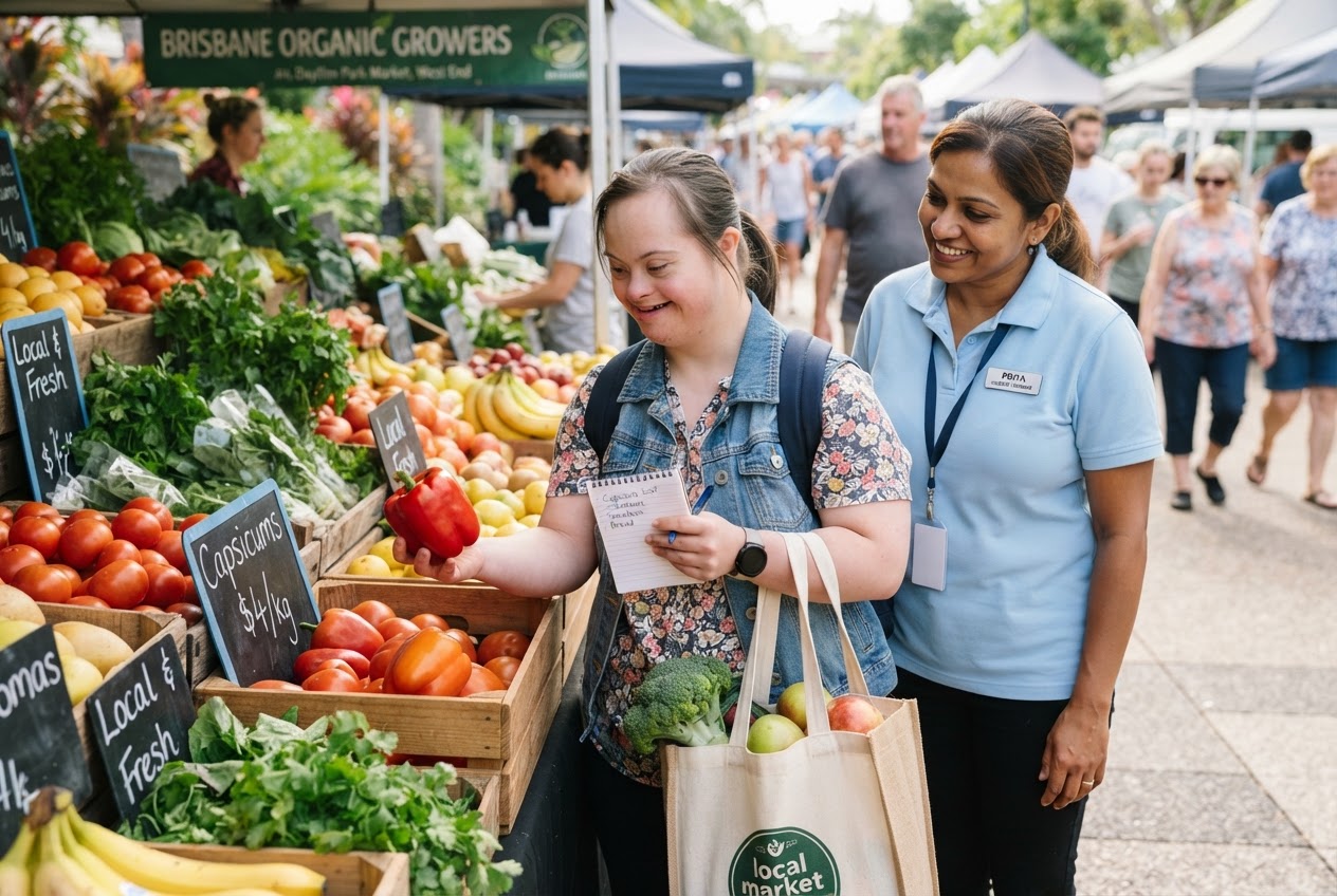 Participant and support worker at a market stall