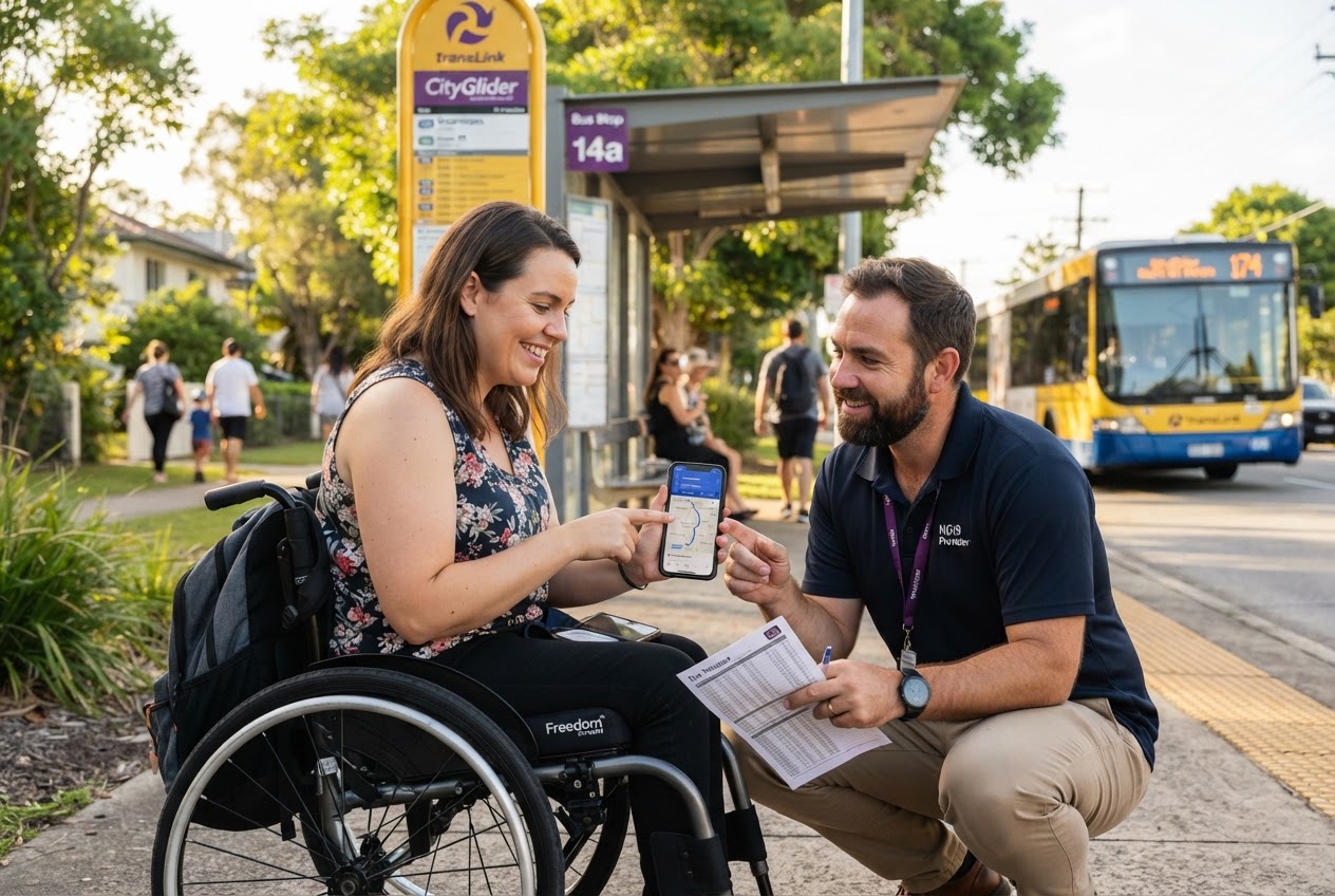 Wheelchair user with a carer beside a car