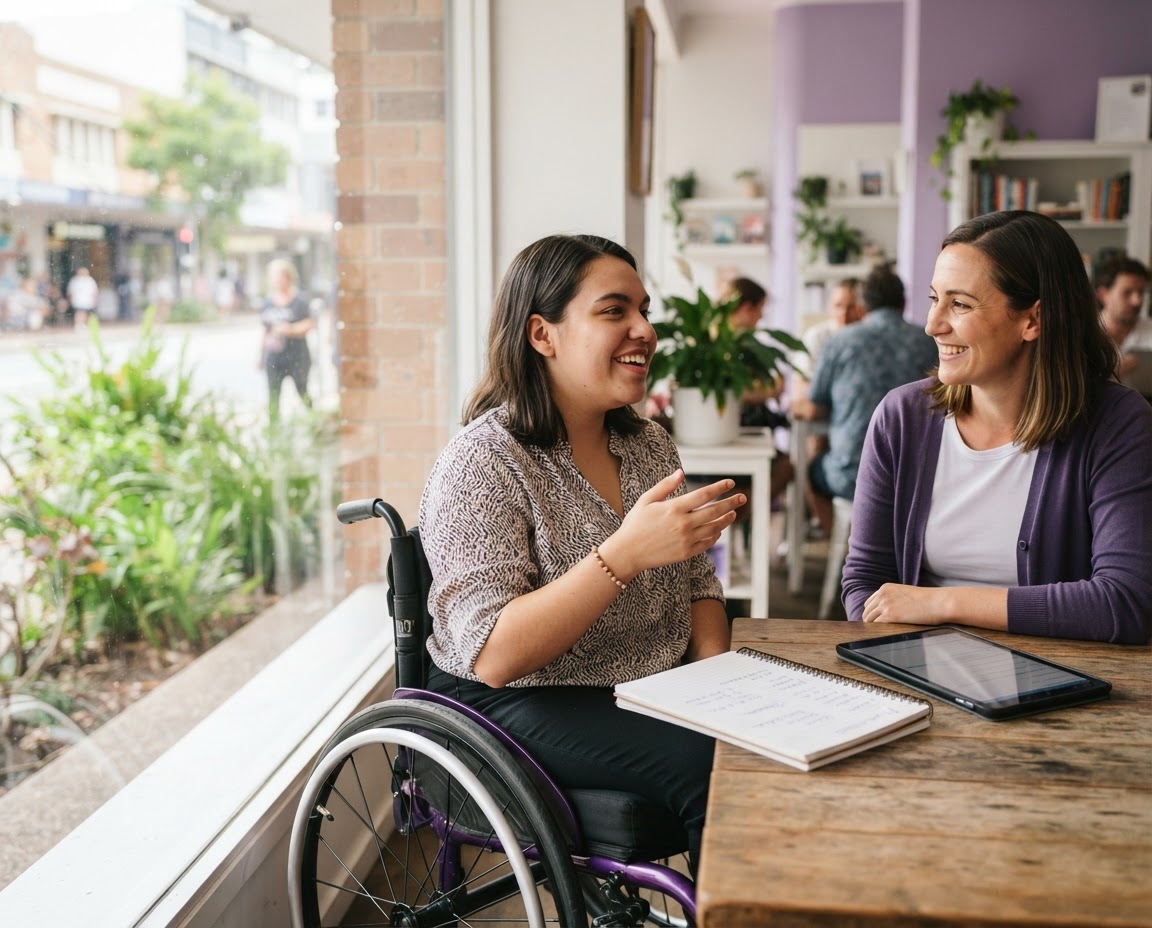 Young woman in a wheelchair smiling and chatting in a café