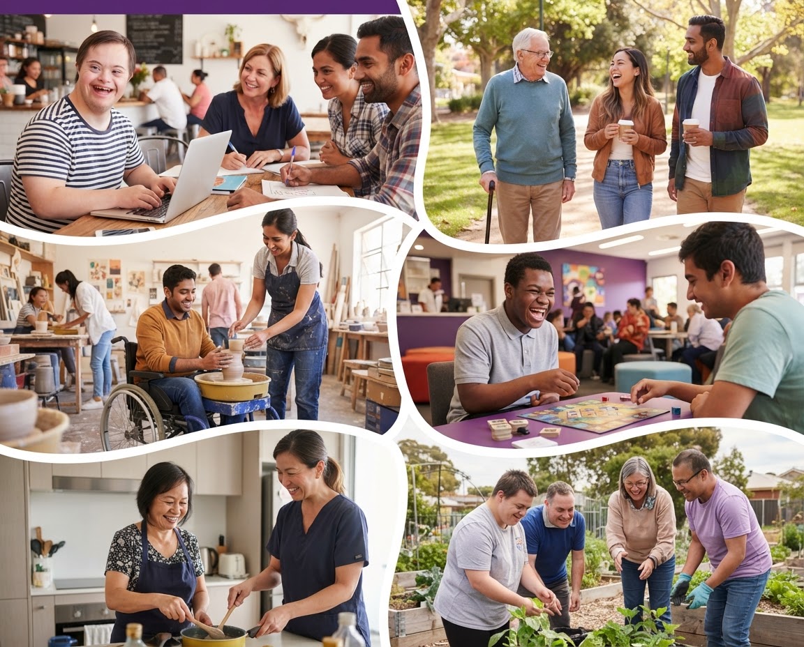 Collage of NDIS participants and support workers at work, study and in the community