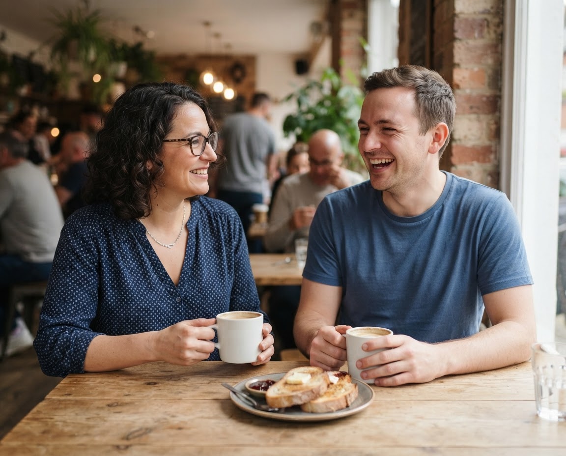 Friends laughing together at a café table