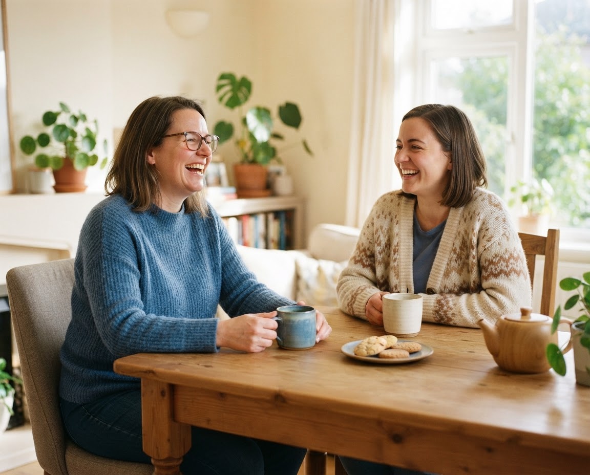 Support worker chatting with a woman at a table