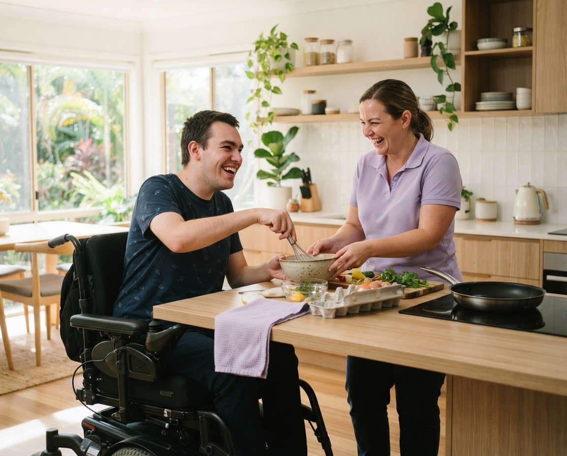Carer holding hands with a participant at a table