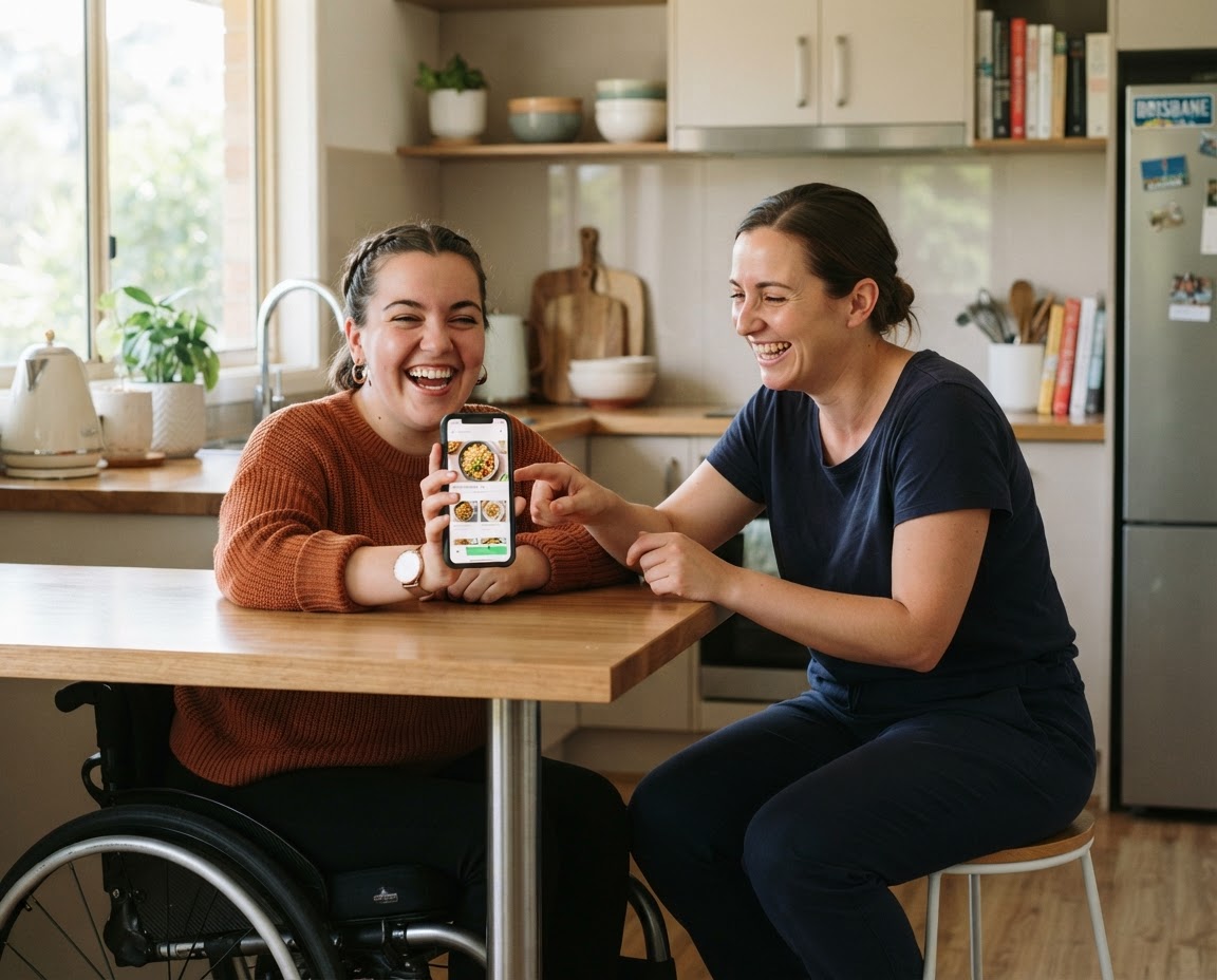 Support worker and participant smiling at a phone