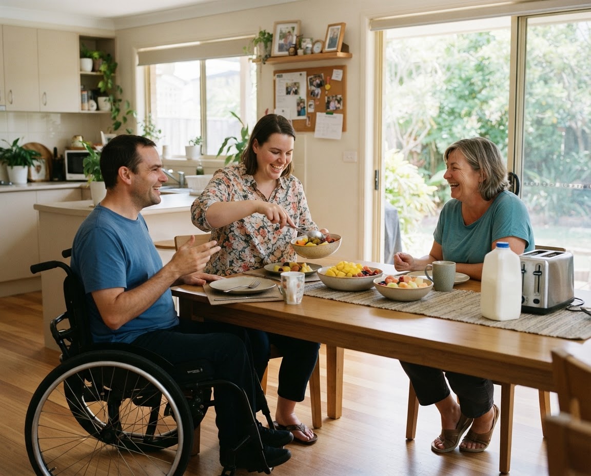 Two people talking at a table