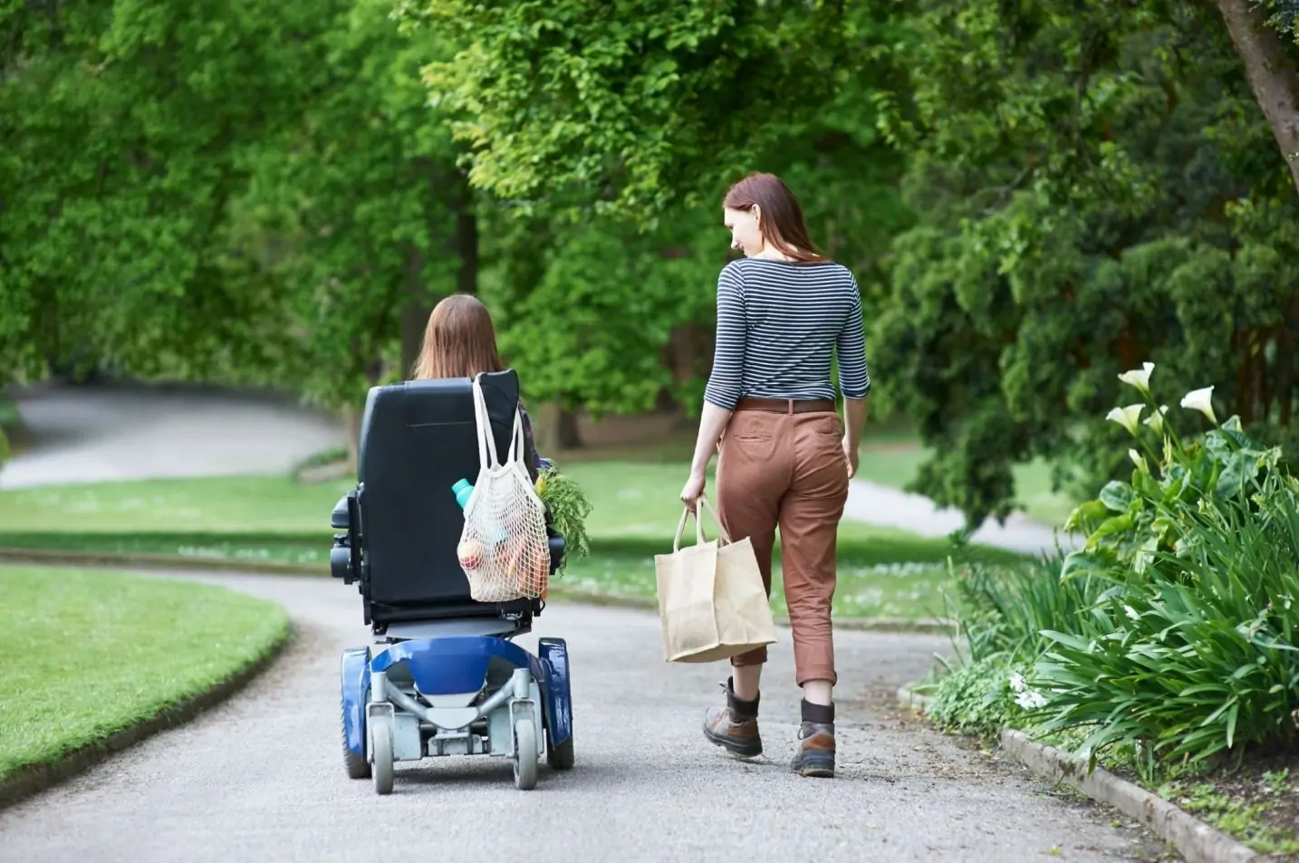Person in a wheelchair on a garden path