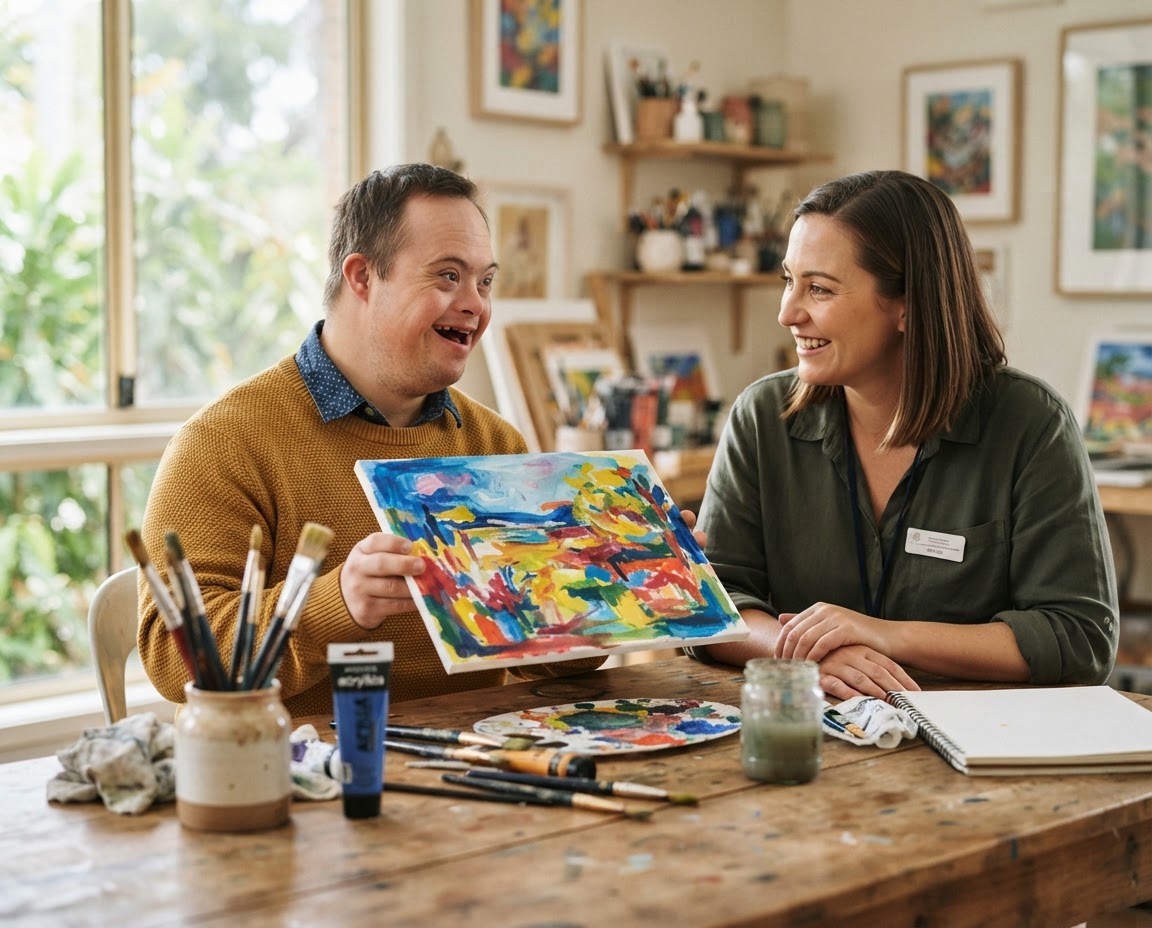 Support worker and participant doing a puzzle together